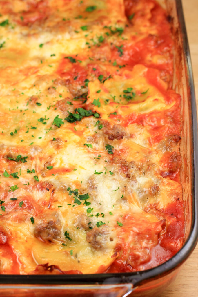 glass bake dish with cooked lasagna