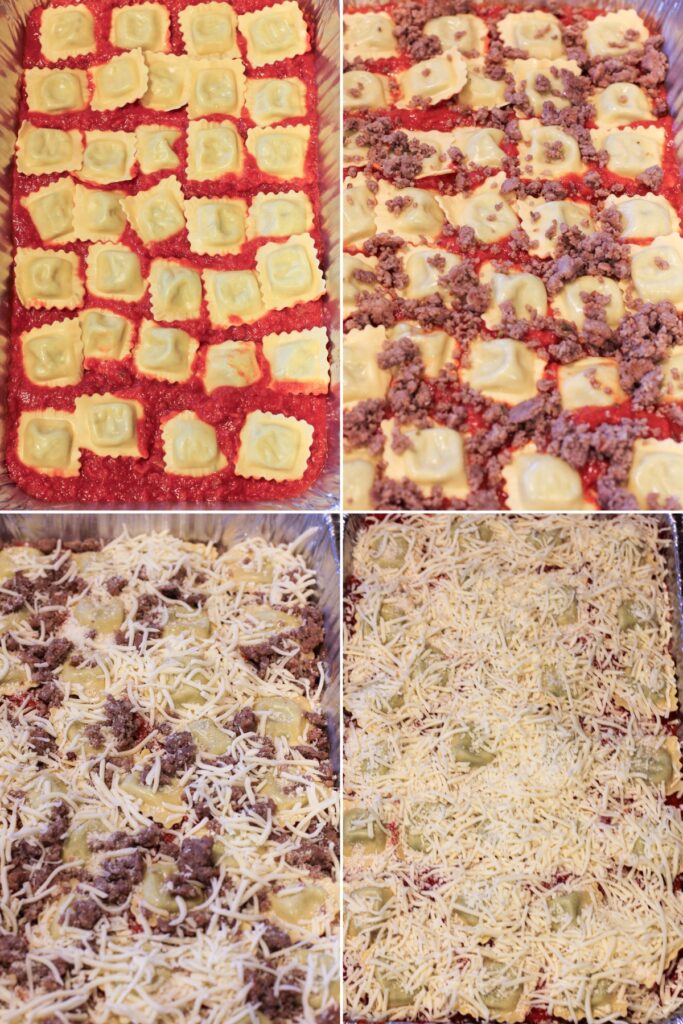collage of 4 photos showing lazy lasagna layers: sauce and ravioli; sausage; cheese; more cheese