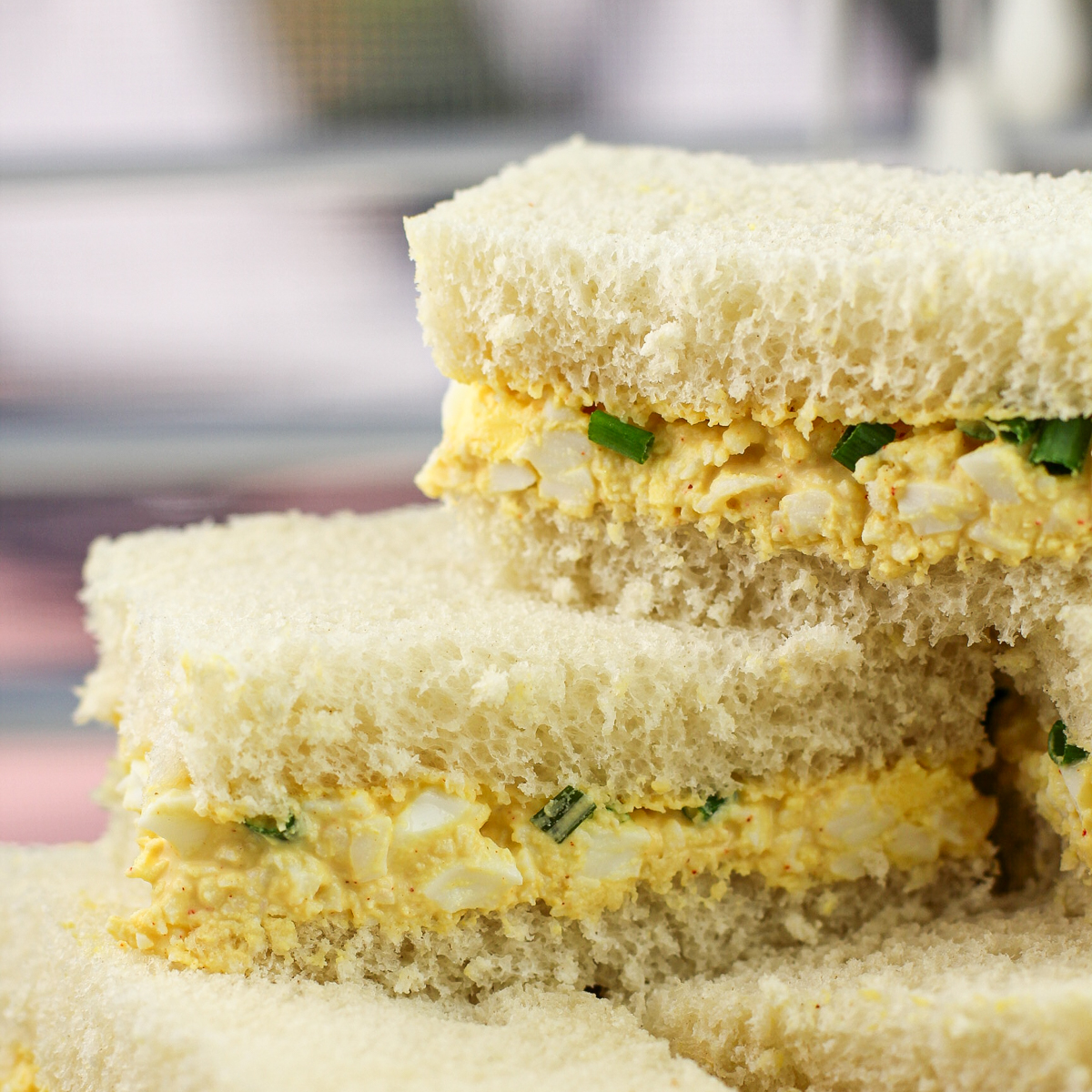 two stacked deviled egg tea sandwiches