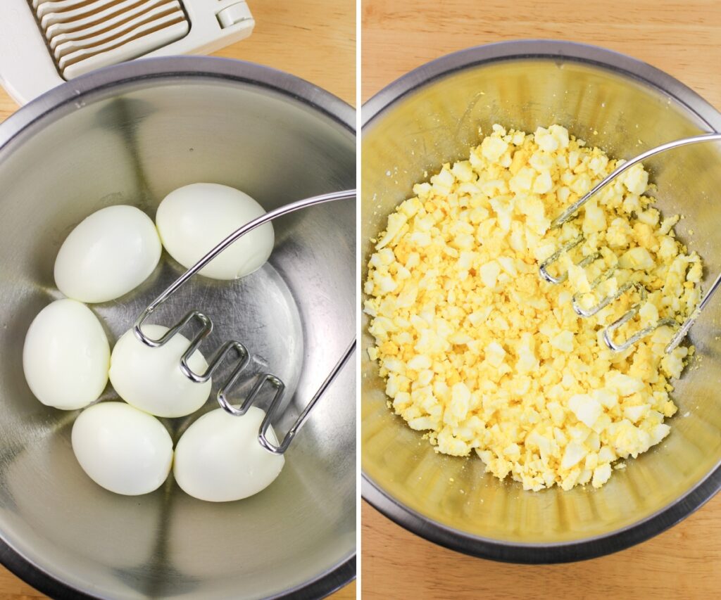 collage of 2 photos: whole, shelled eggs; eggs broken into pieces by potato masher