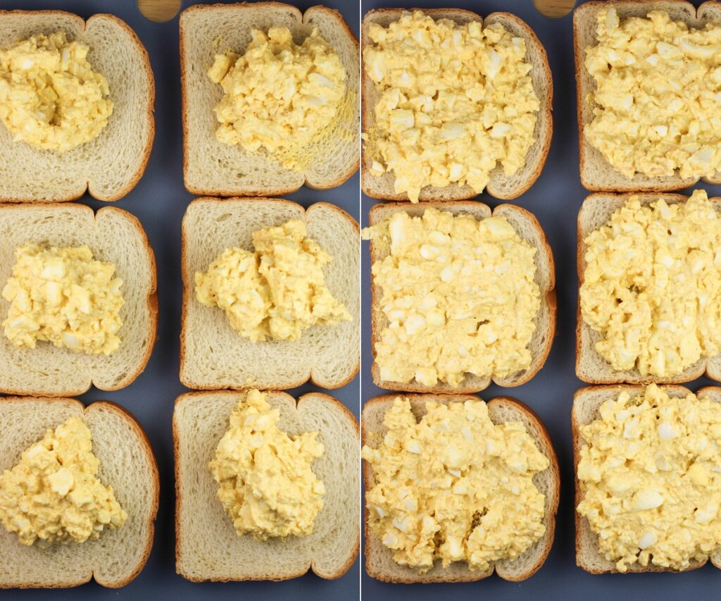 collage of 2 photos; left, 6 slices bread each with mound of egg salad in center; right, egg salad spread out on bread slices
