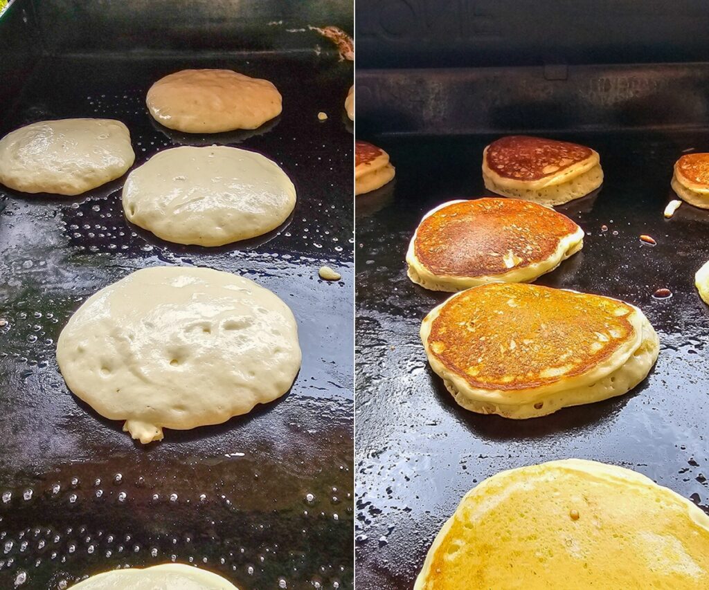 collage of 2 photos showing batter on griddle (left) and cooked pancakes (right)