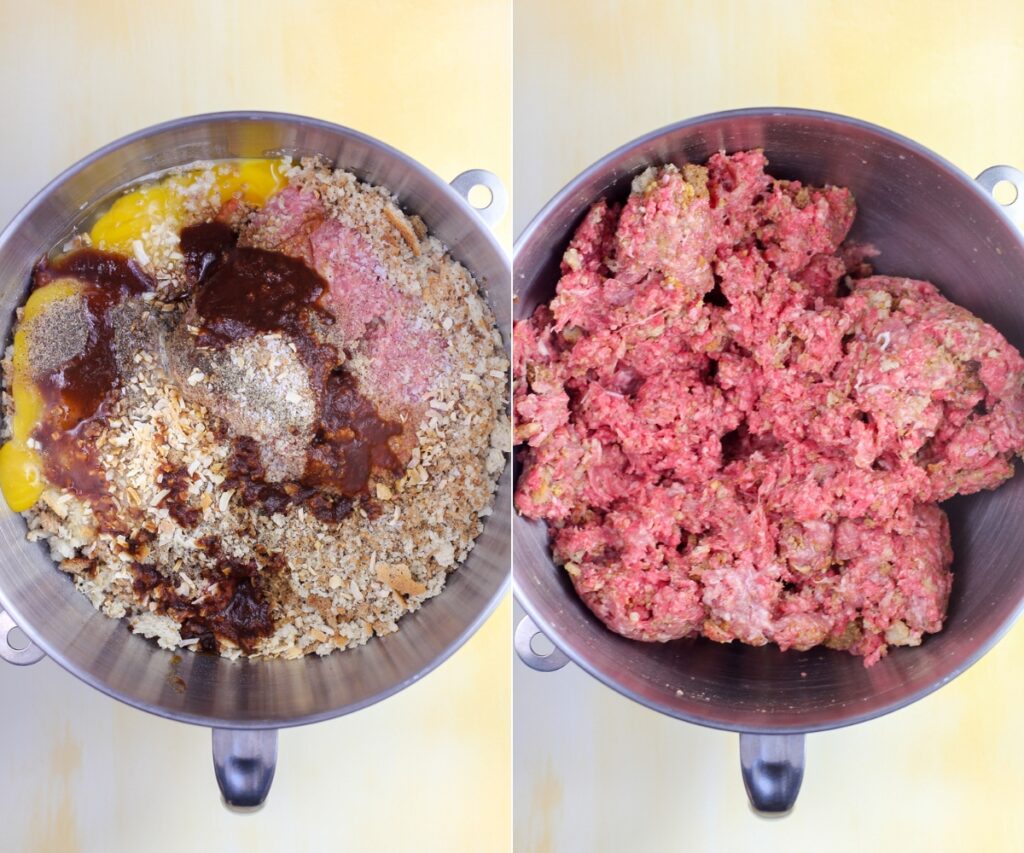 collage of 2 photos: meatloaf ingredients in bowl (left); the ingredients combined (right)