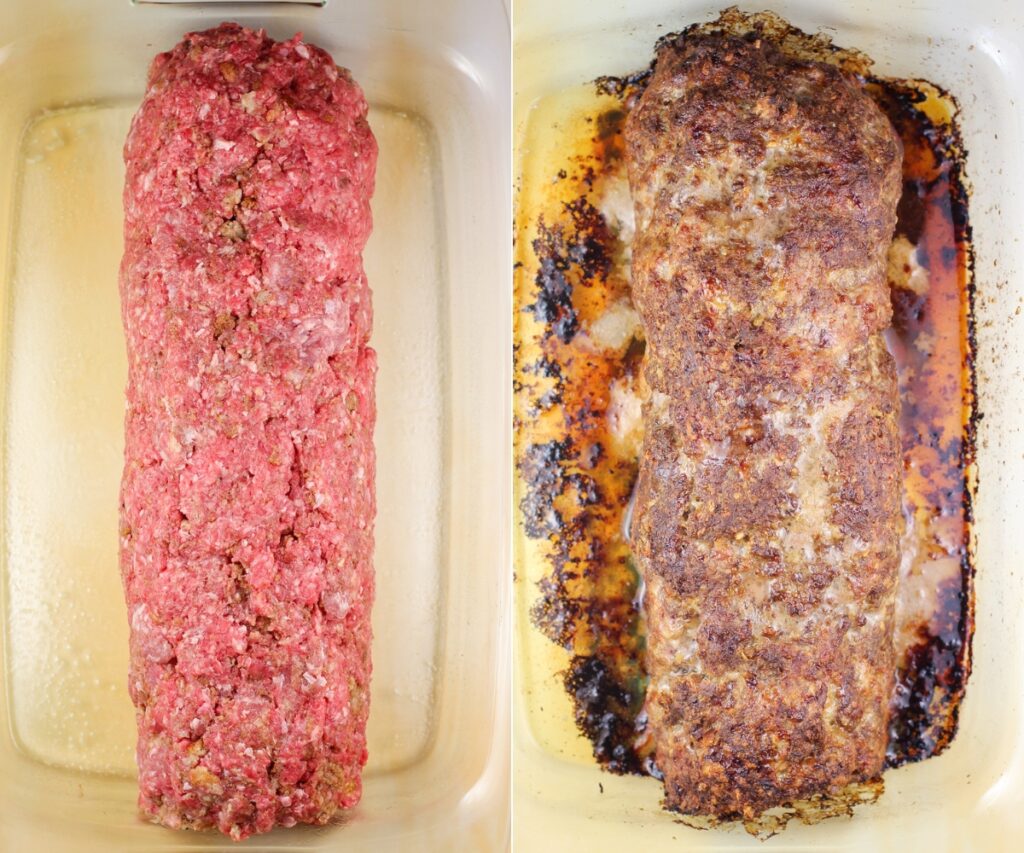 collage of 2 photos: formed uncooked meatloaf (left); cooked whole meatloaf (right)