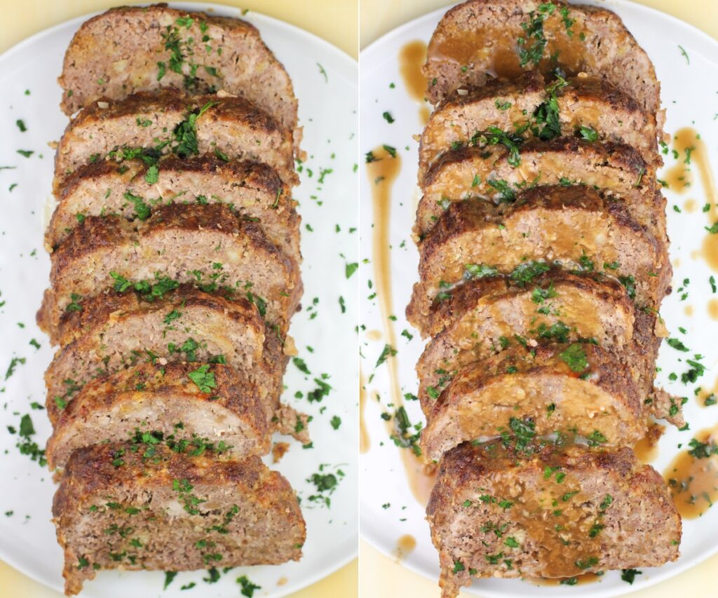 collage of 2 photos: left, sliced cooked meatloaf without gravy; right, sliced cooked meatloaf toped with gravy