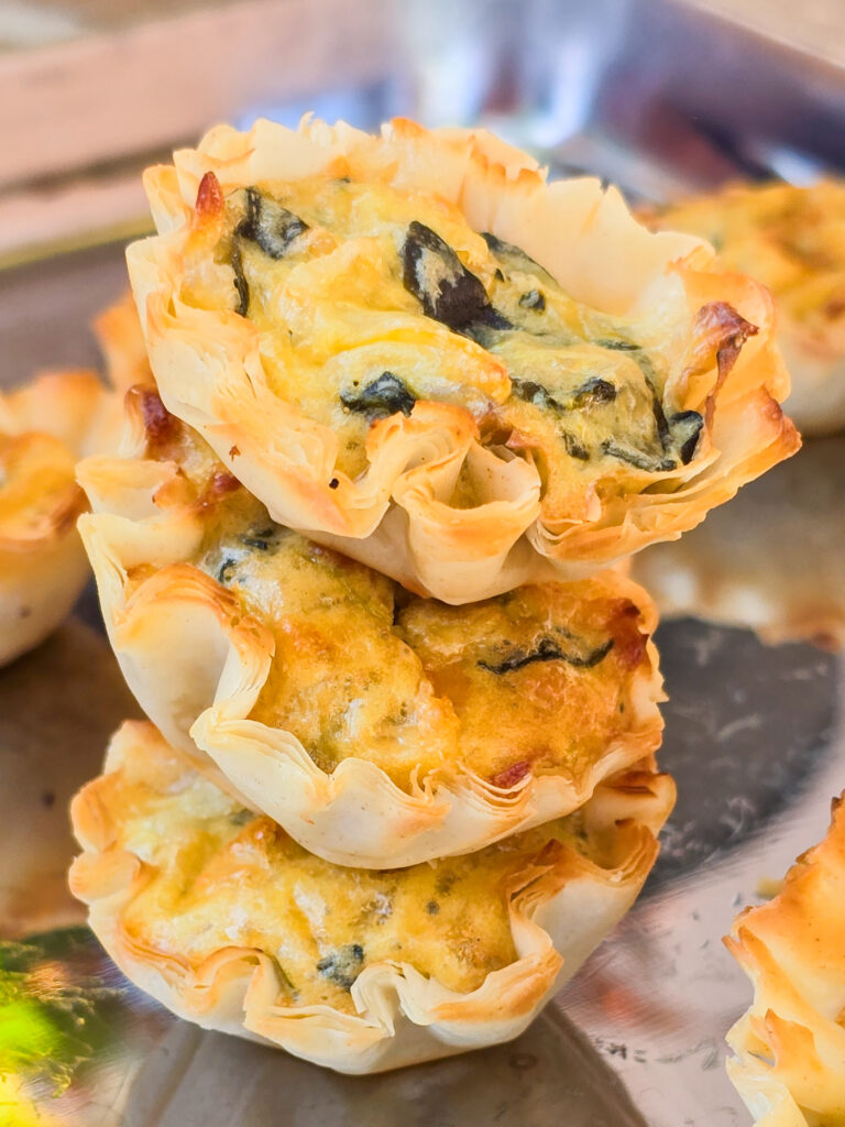 side view of 3 stacked mini filo quiches