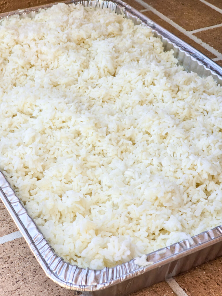 plain oven-baked rice in a full sized hotel pan