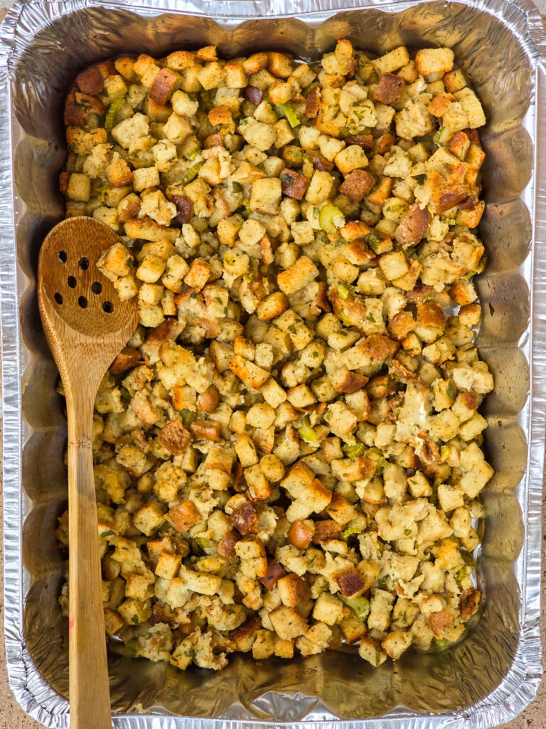 cooked stuffing in hotel pan