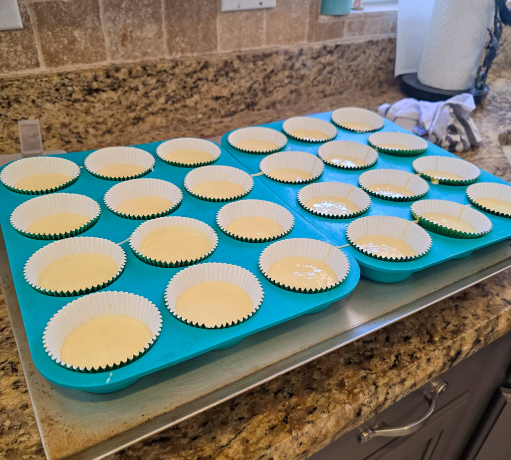 2 silicone muffin tin mats, each half filled with cupcake batter prior to baking