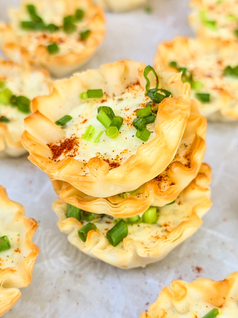 three stacked garlic feta phyllo bites