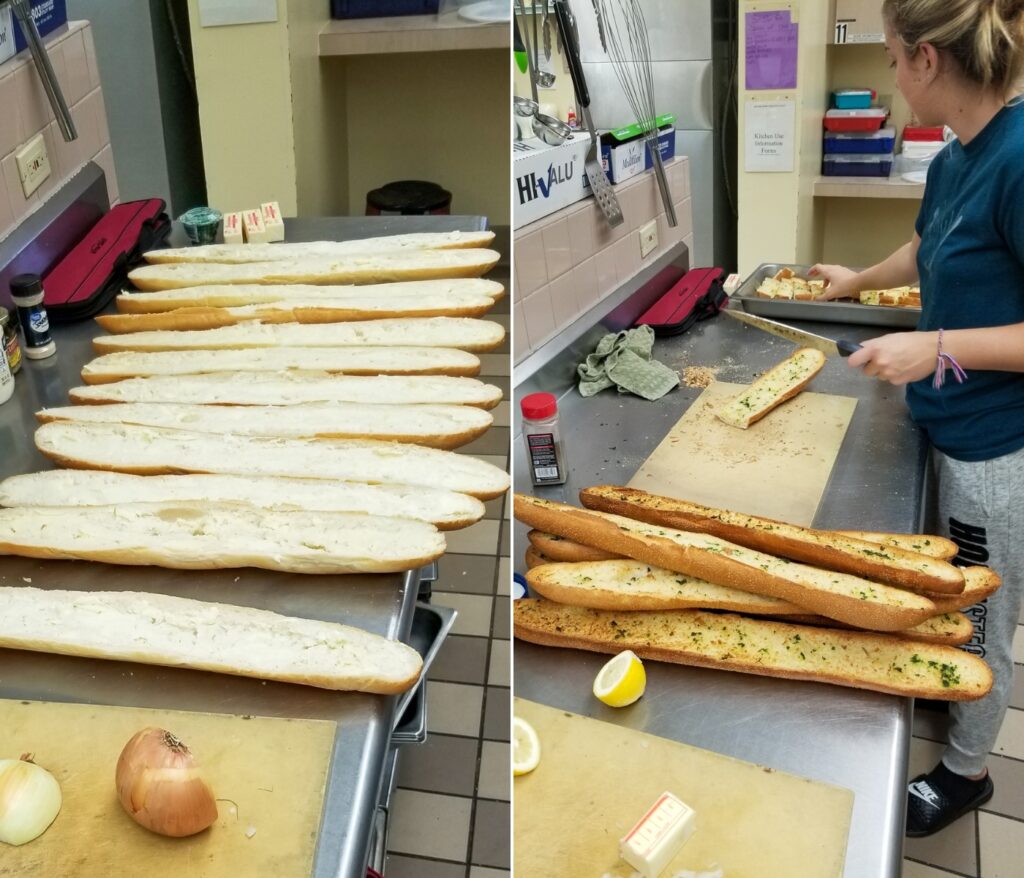 collage of 2 photos: left, 11 baguette halves spread out on counter; right, a woman slicing cooked garlic bread into portions