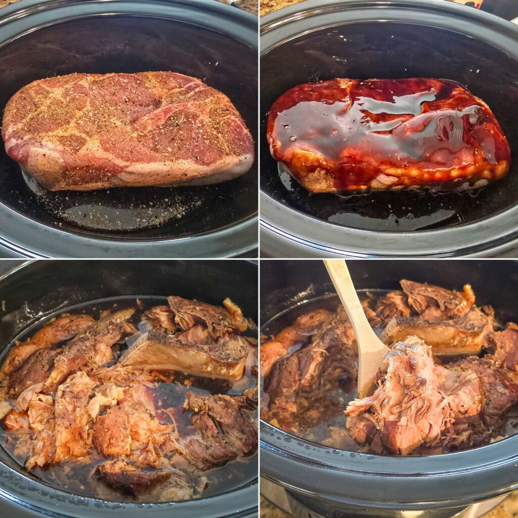 collage of 4 photos: seasoned pork in slow cooker; pork topped with teriyaki marinade; cooked pork; shredded cooked pork with wood spoon