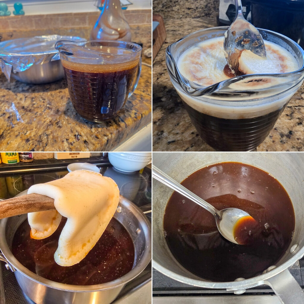 collage of 4 photos: strained juices in glass measuring cup; spoon lifting cold, solidified fat off juices; wood spoon lifting solidified fat layer off strained juices; prepared teriyaki sauce