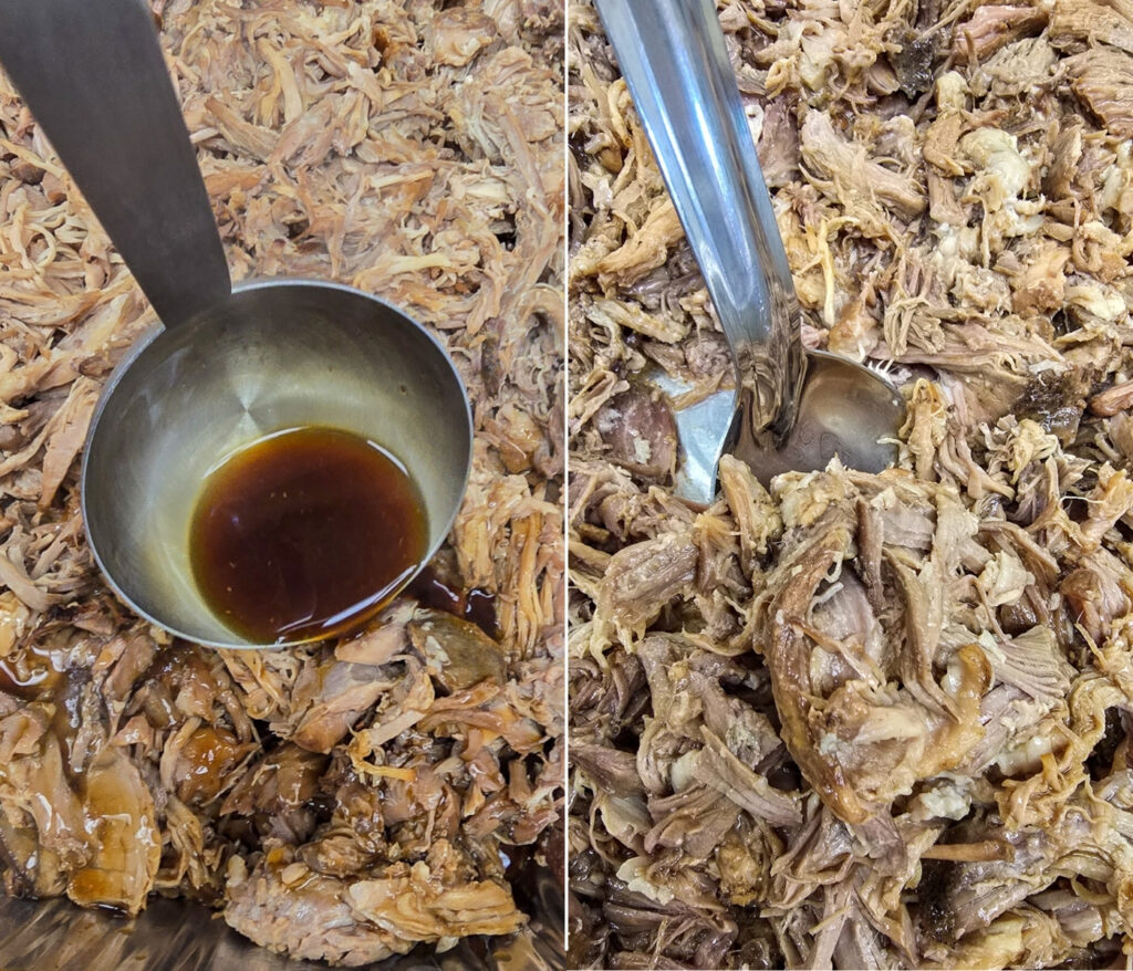 collage of 2 photos: ladle with teriyaki sauce spooning over prepared pork; fuller prepared, moistened shredded pork