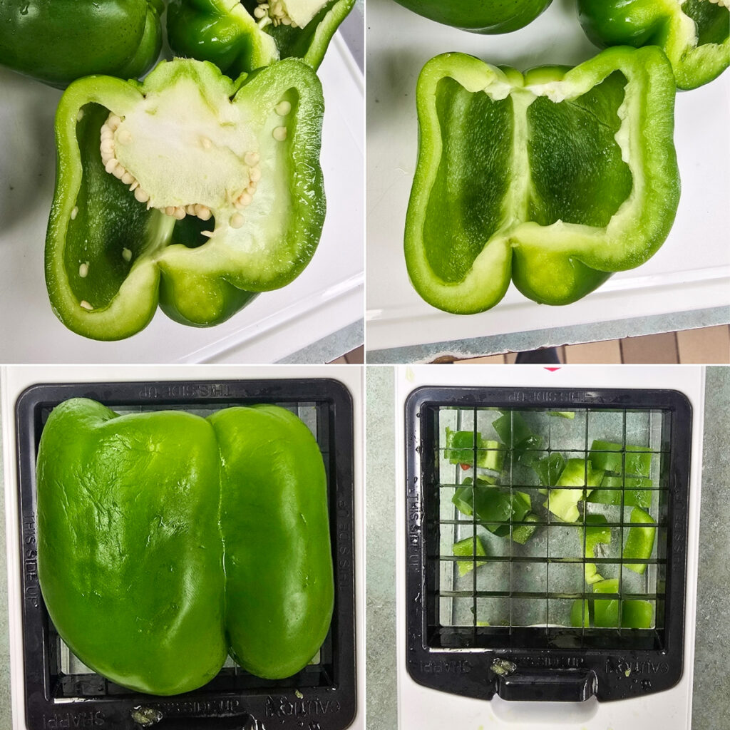 collage of 4 photos showing how the chopper works on a green bell pepper