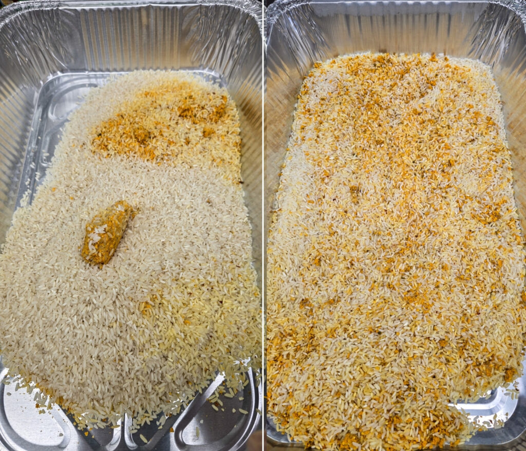 collage of 2 photos showing before and after breaking up clumps of yellow rice seasoning