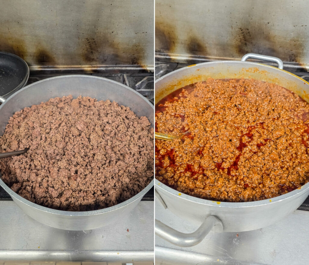 Side-by-side comparison of browned ground beef before and after adding taco seasoning and tomato sauce in large metal pots